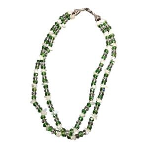 Vintage Green and White Glass Double Strand Beaded Necklace